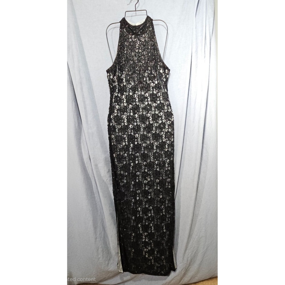 Brilliante by J.A. Beaded Lace Maxi Dress L Black Sequin Halter Column Gown